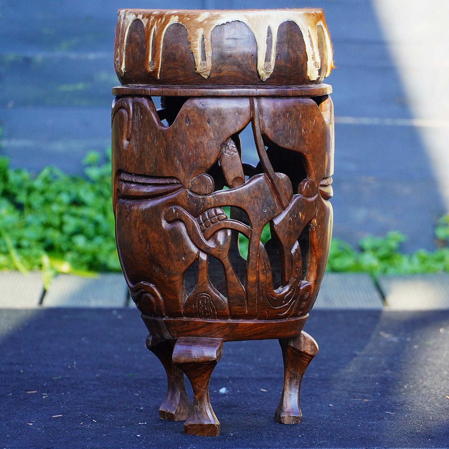 Authentic African Drum – Intricately Carved Wood with Natural Hide