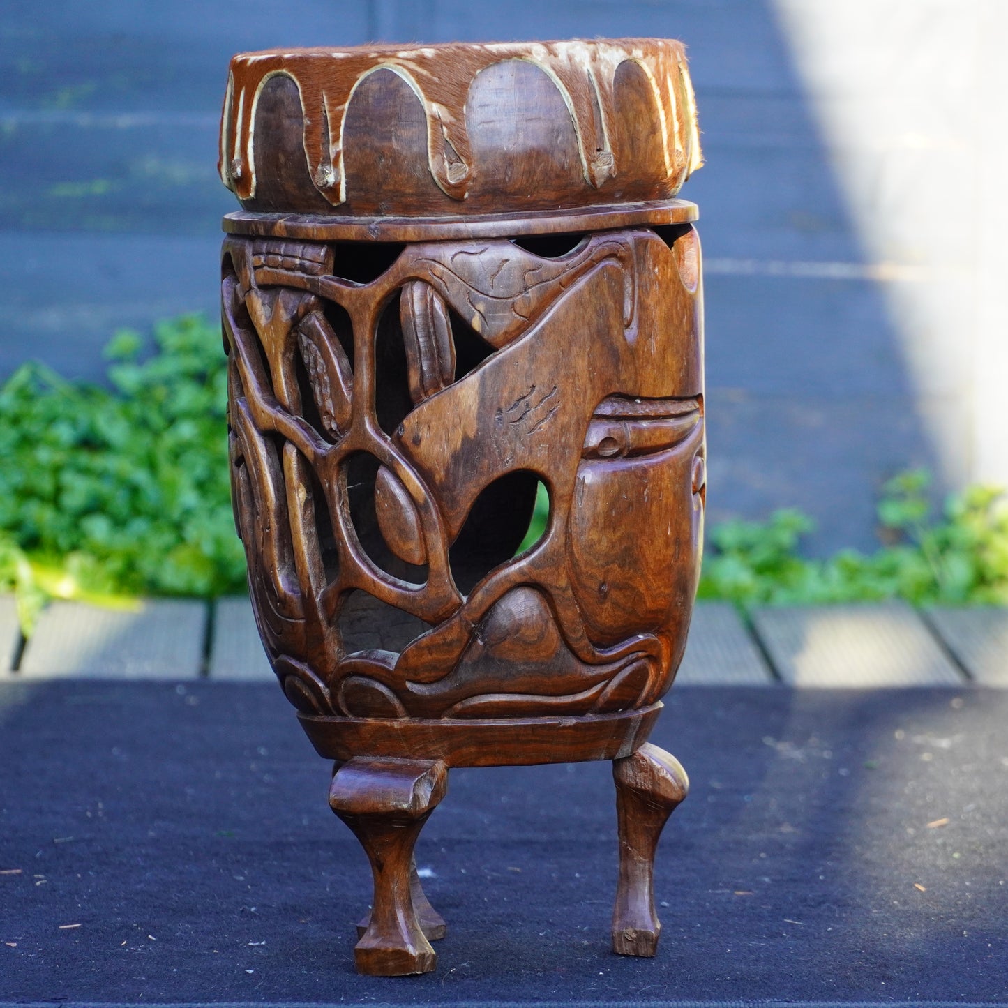 Authentic African Drum – Intricately Carved Wood with Natural Hide