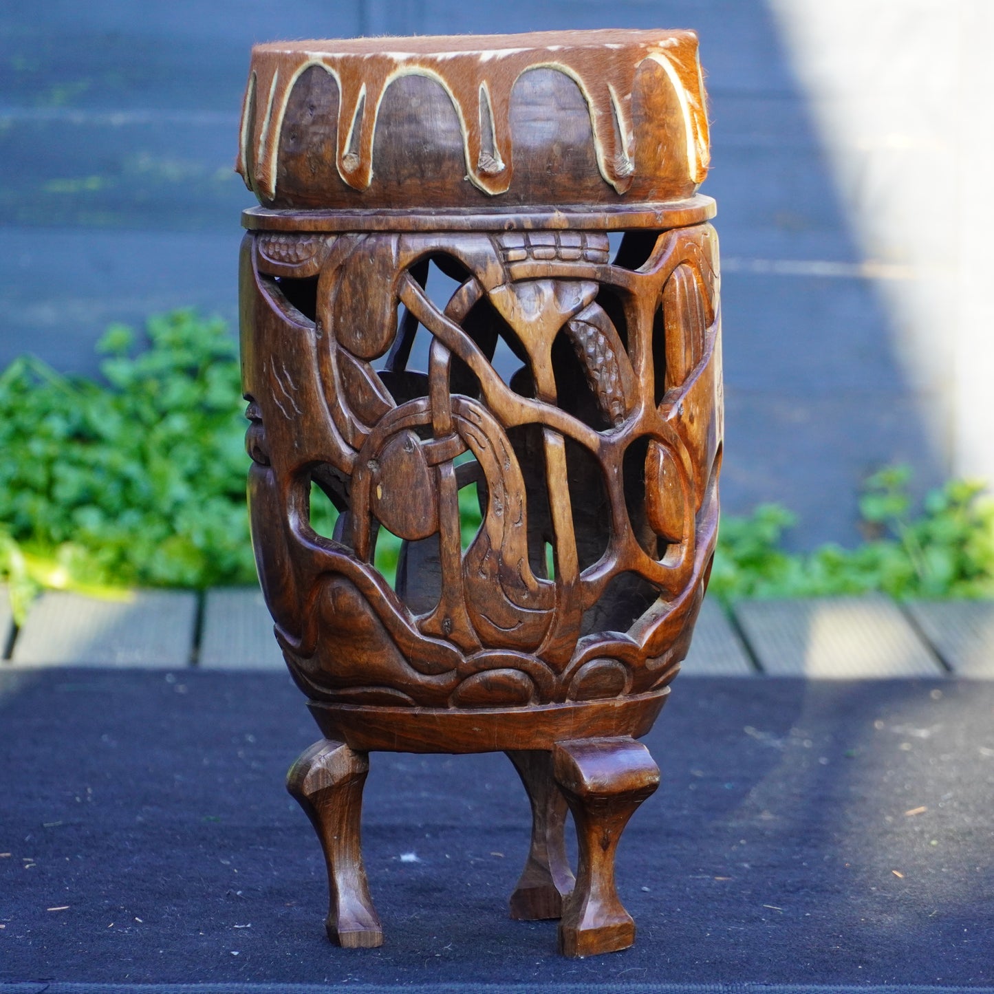 Authentic African Drum – Intricately Carved Wood with Natural Hide