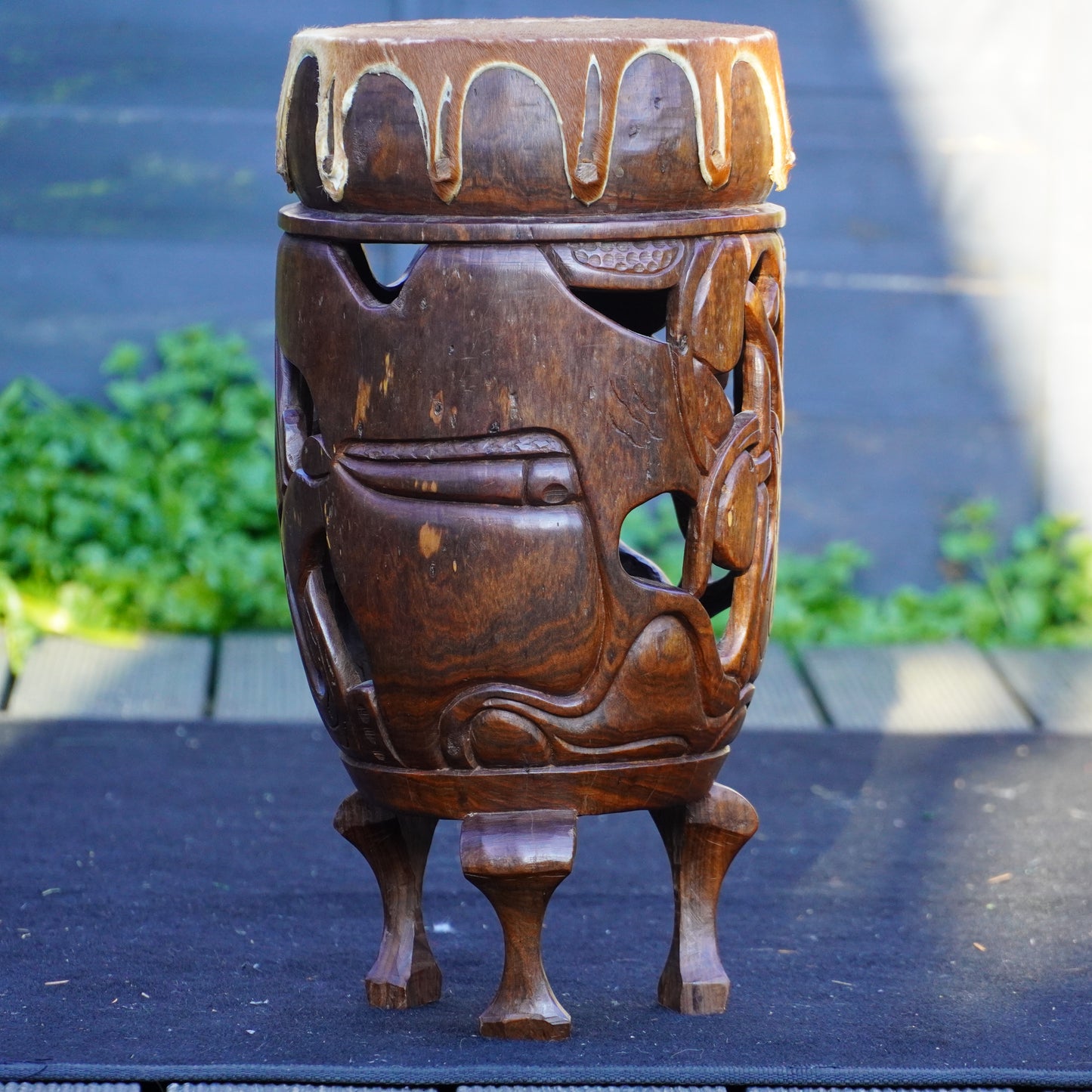 Authentic African Drum – Intricately Carved Wood with Natural Hide