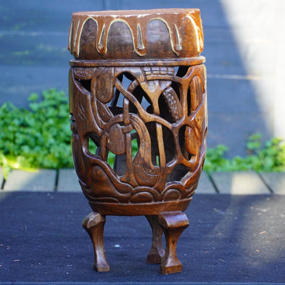 Authentic African Drum – Intricately Carved Wood with Natural Hide