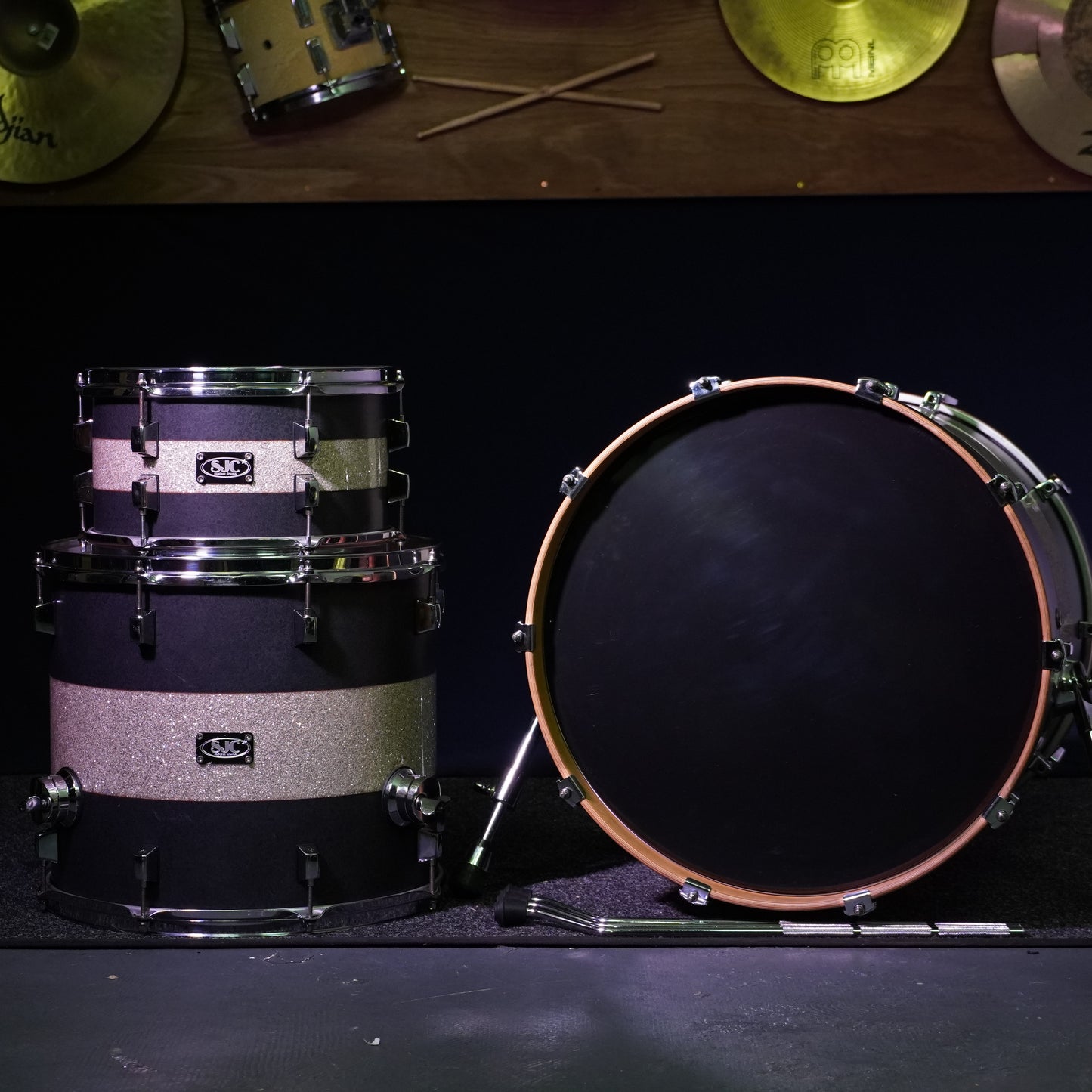 SJC Custom Maple Drum Kit in Matte Graphite w/ Silver Sparkle Stripe